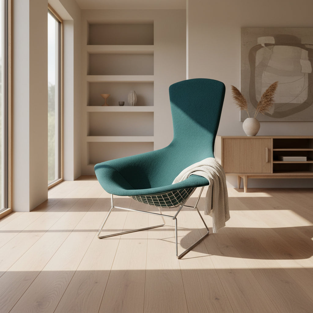 The Vintage Bertoia Bird Chair by Vintage features a modern green upholstered design with a curved backrest and metal wire base, inspired by mid-century style, photographed against a plain white background.