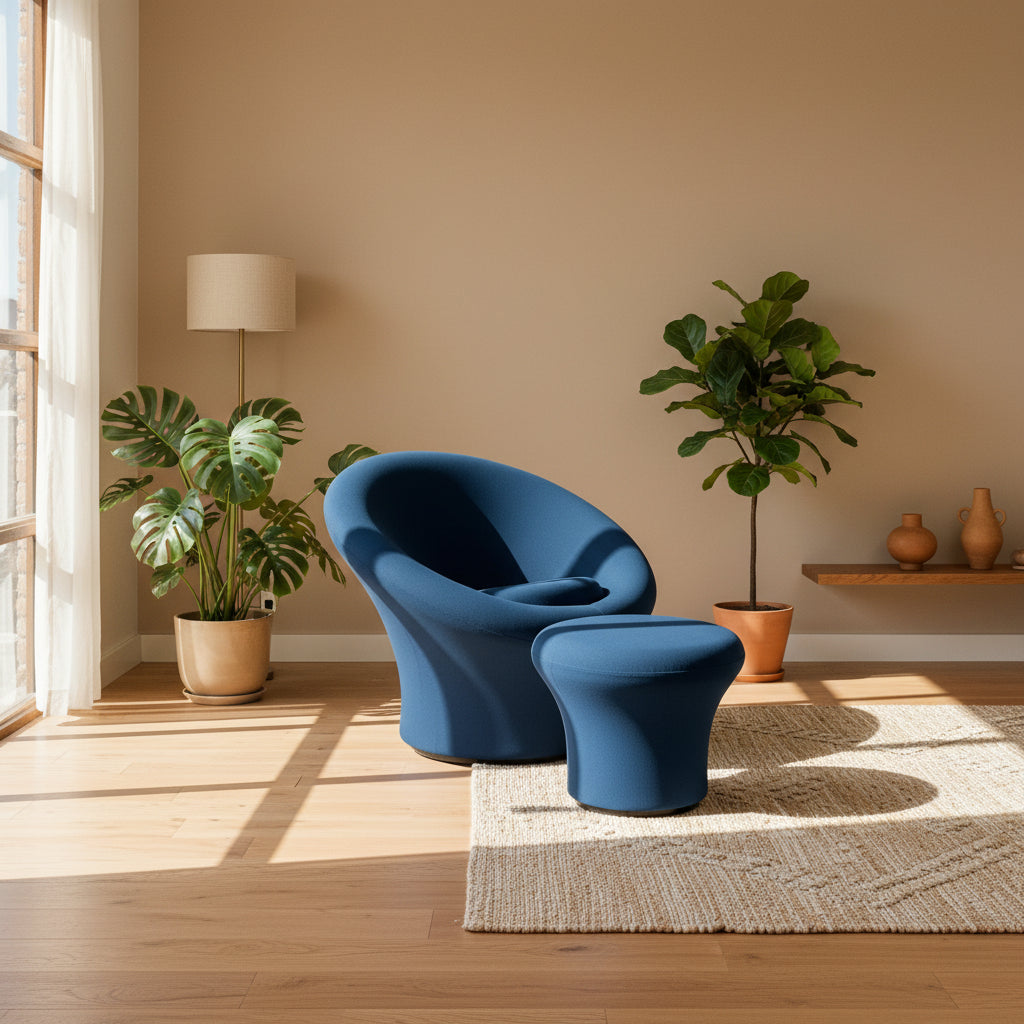 A modern blue Artifort Mushroom Chair & Ottoman by Artifort, featuring a rounded backrest and matching round ottoman, both displayed against a plain white background.
