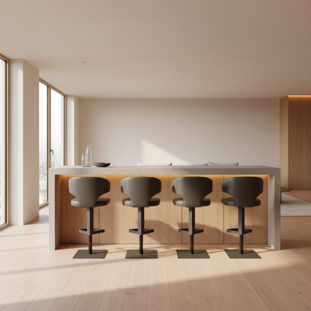 The Cantoni Wing Barstool by Cantoni features a modern black swivel design with a metal base, set on a brown concrete floor against a plain white wall.