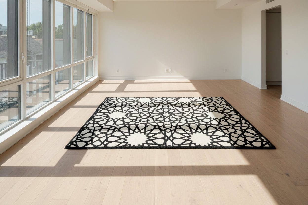The Roche Bobois Moucharabieh Rug by Roche Bobois features a geometric black and white pattern with interlocking shapes and starbursts, displayed on a plain floor against a white wall.