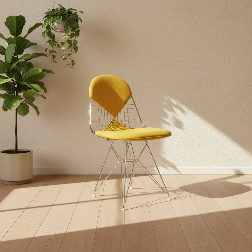 The Herman Miller Eames Wire Chair with Bikini Pad by Herman Miller features a yellow cushioned seat and backrest, metal wire frame with Eiffel Tower base, and angled legs, set on a concrete floor against a plain white wall.