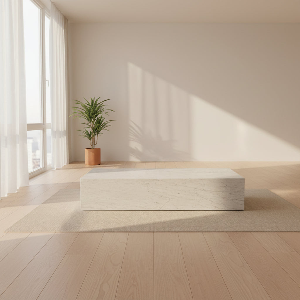 A minimalist room with light wood floors, an Audo Copenhagen Marble Plinth Table XL on a beige rug, a potted plant, and large windows draped with sheer white curtains.