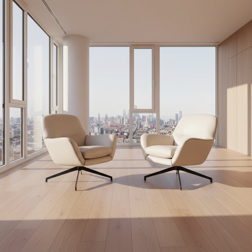 Two modern Minotti Jensen Swivel Chairs by Minotti face each other in a bright room with large windows overlooking the city, pale wood floors, and minimal decor for a contemporary, sophisticated look.