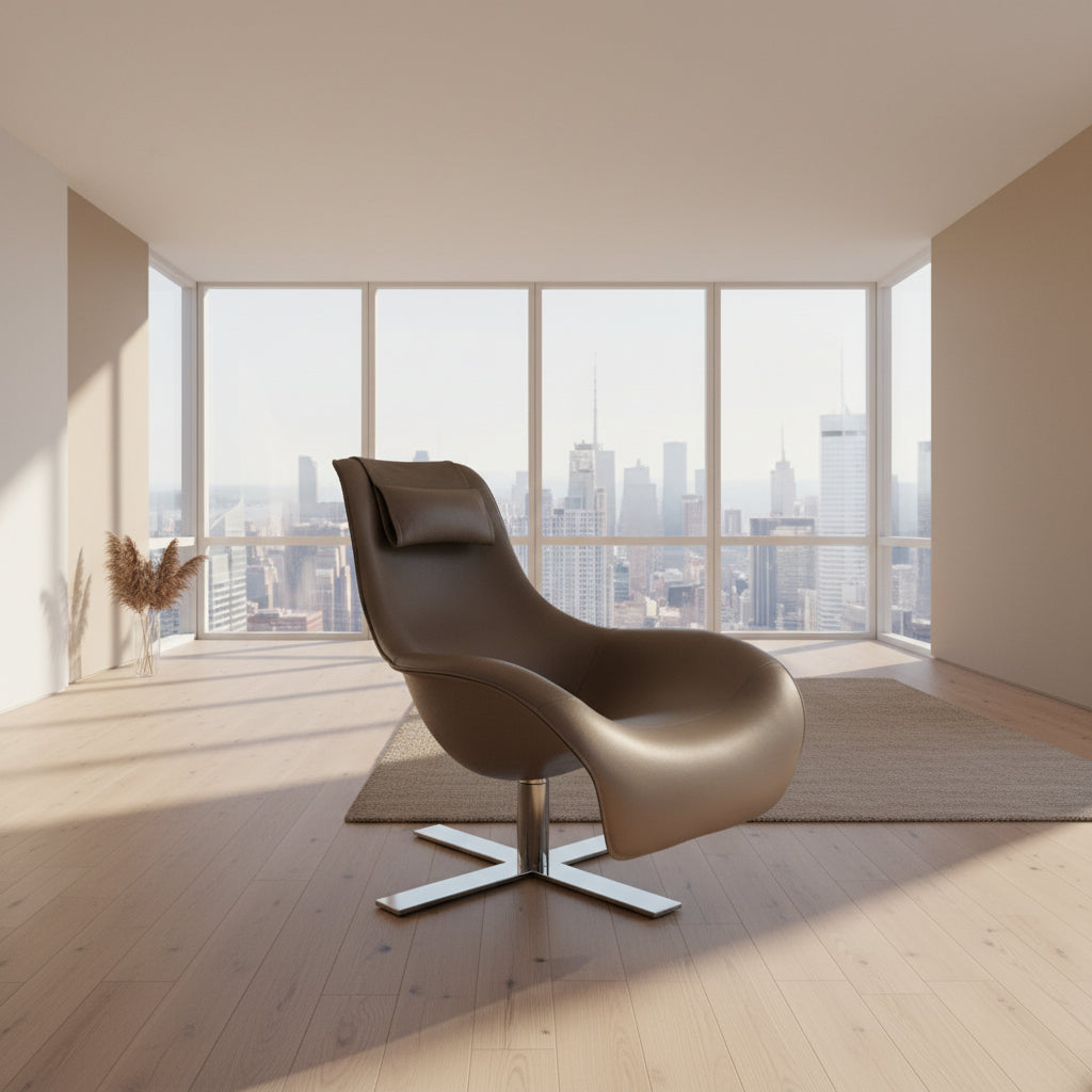 The B&B Italia Mart Armchair with Swivel Base is a modern beige lounge chair featuring a low backrest and headrest, set on a sleek swivel base against a plain white wall and concrete floor.