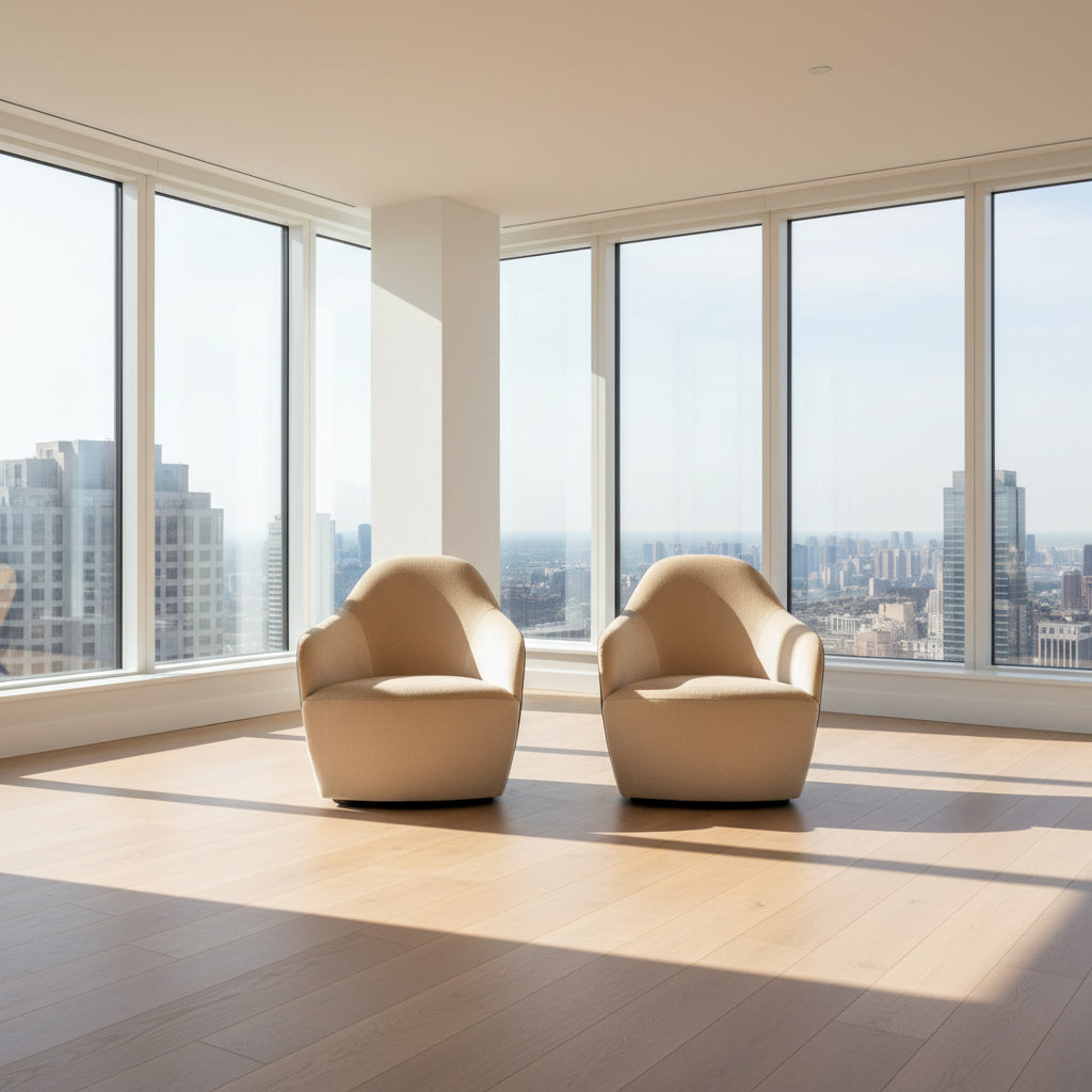 Set of 2 Walter Knoll Isanka Armchairs by Walter Knoll, shown from the back and side on a white background, featuring beige fabric seats and sleek dark brown shells—an elegant seating option.