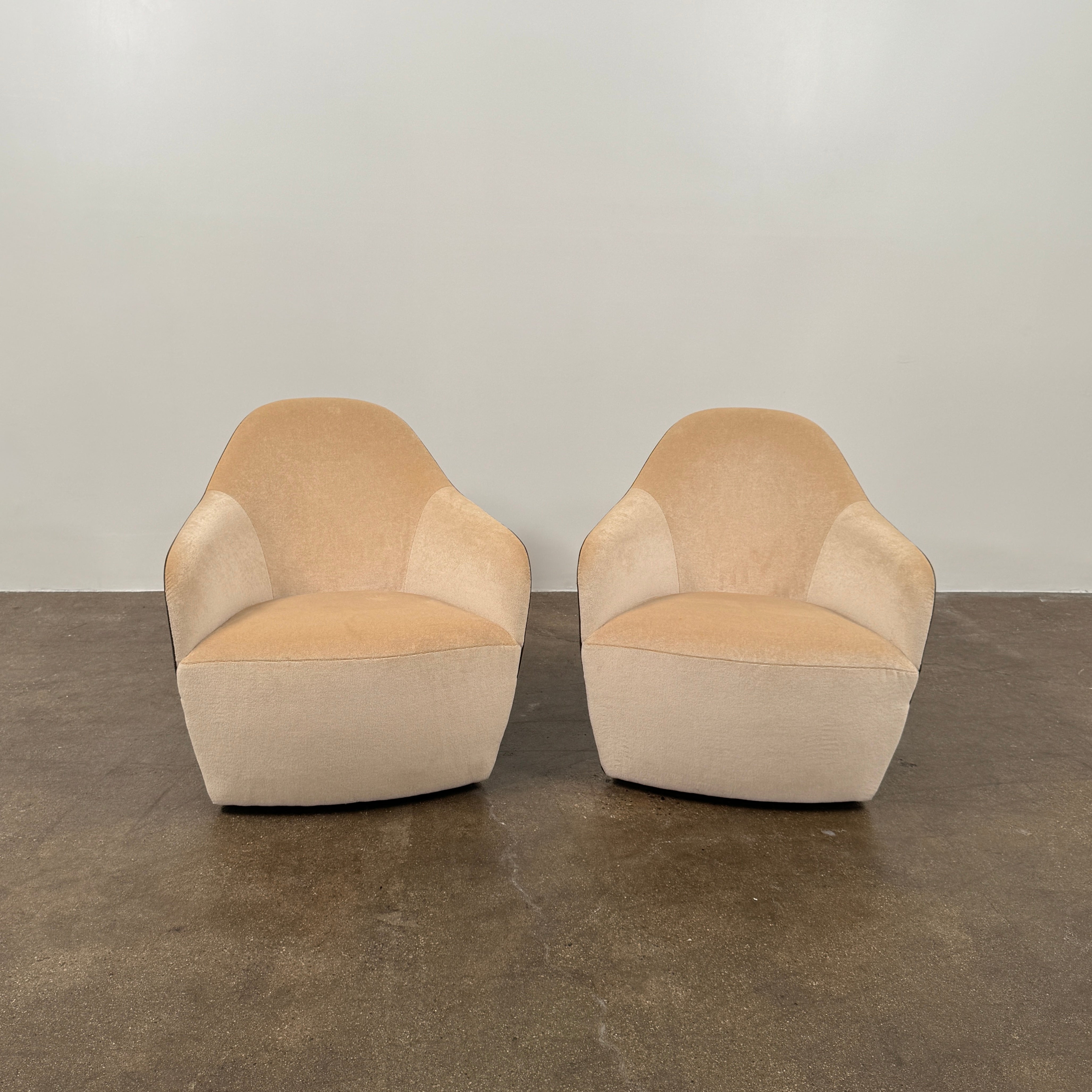 Set of 2 Walter Knoll Isanka Armchairs by Walter Knoll, shown from the back and side on a white background, featuring beige fabric seats and sleek dark brown shells—an elegant seating option.
