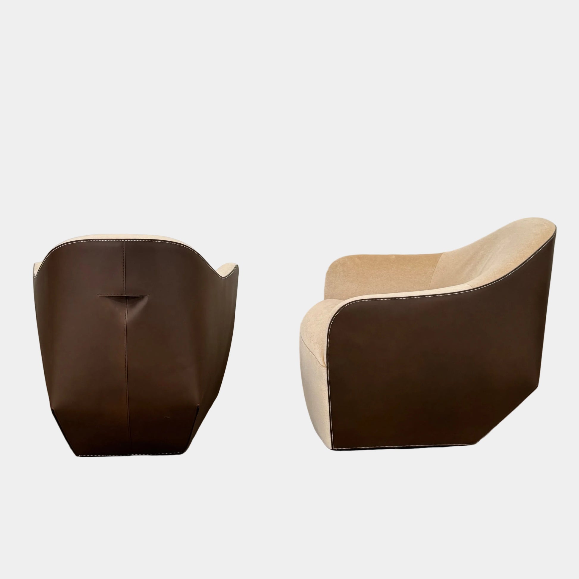 Set of 2 Walter Knoll Isanka Armchairs by Walter Knoll, shown from the back and side on a white background, featuring beige fabric seats and sleek dark brown shells—an elegant seating option.