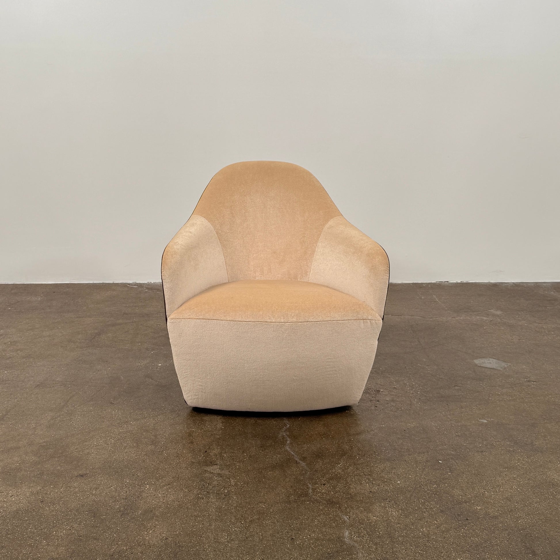Set of 2 Walter Knoll Isanka Armchairs by Walter Knoll, shown from the back and side on a white background, featuring beige fabric seats and sleek dark brown shells—an elegant seating option.