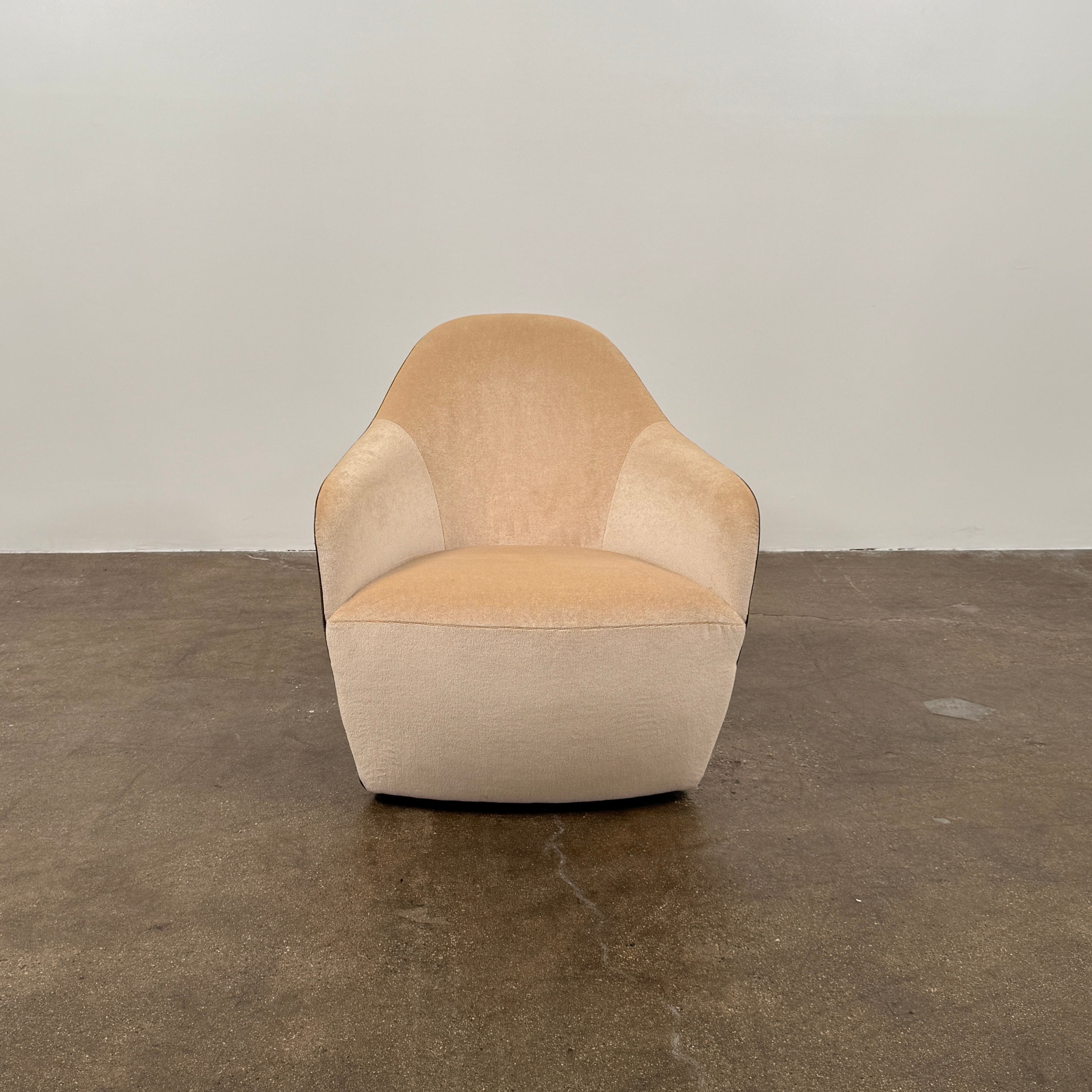 Set of 2 Walter Knoll Isanka Armchairs by Walter Knoll, shown from the back and side on a white background, featuring beige fabric seats and sleek dark brown shells—an elegant seating option.
