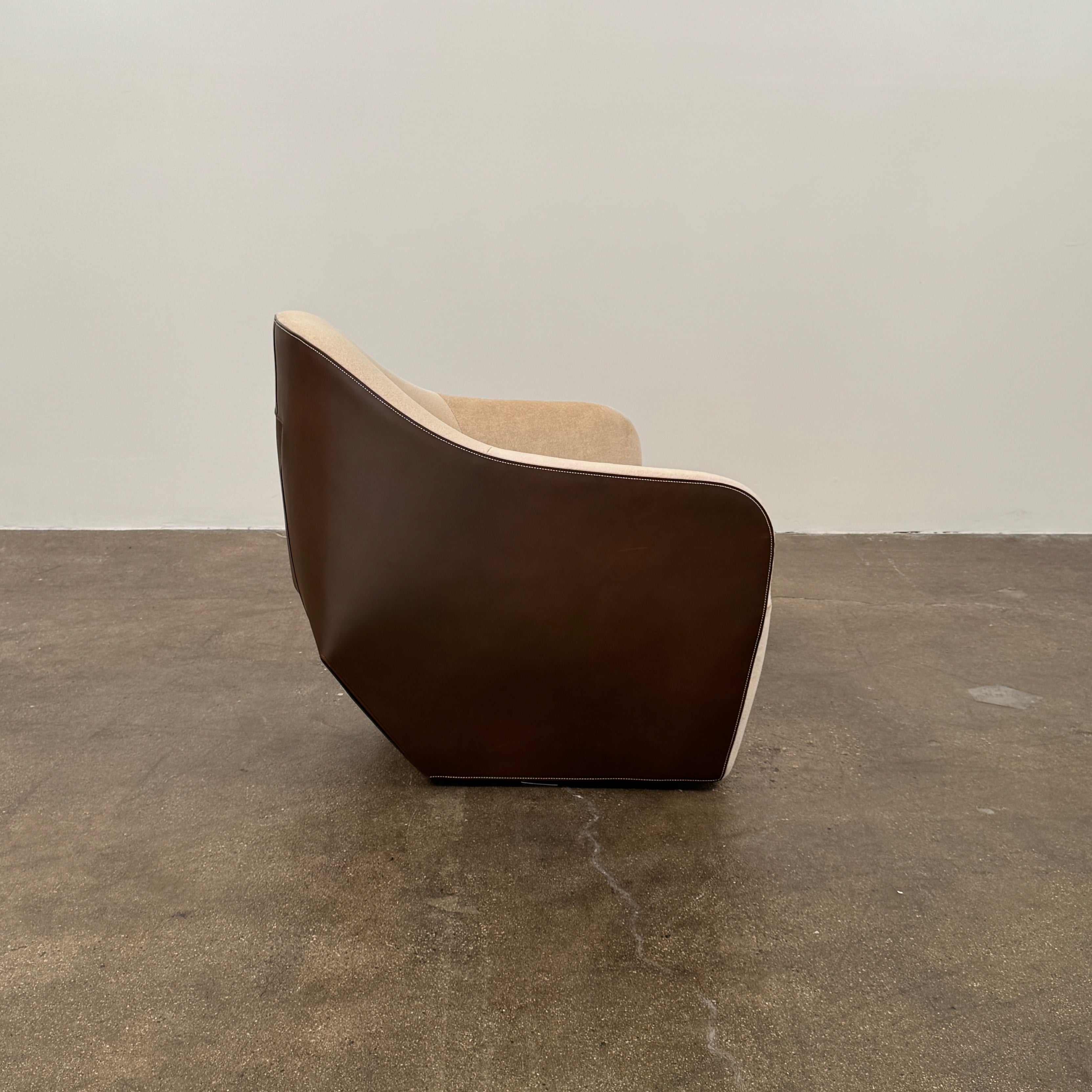 Set of 2 Walter Knoll Isanka Armchairs by Walter Knoll, shown from the back and side on a white background, featuring beige fabric seats and sleek dark brown shells—an elegant seating option.