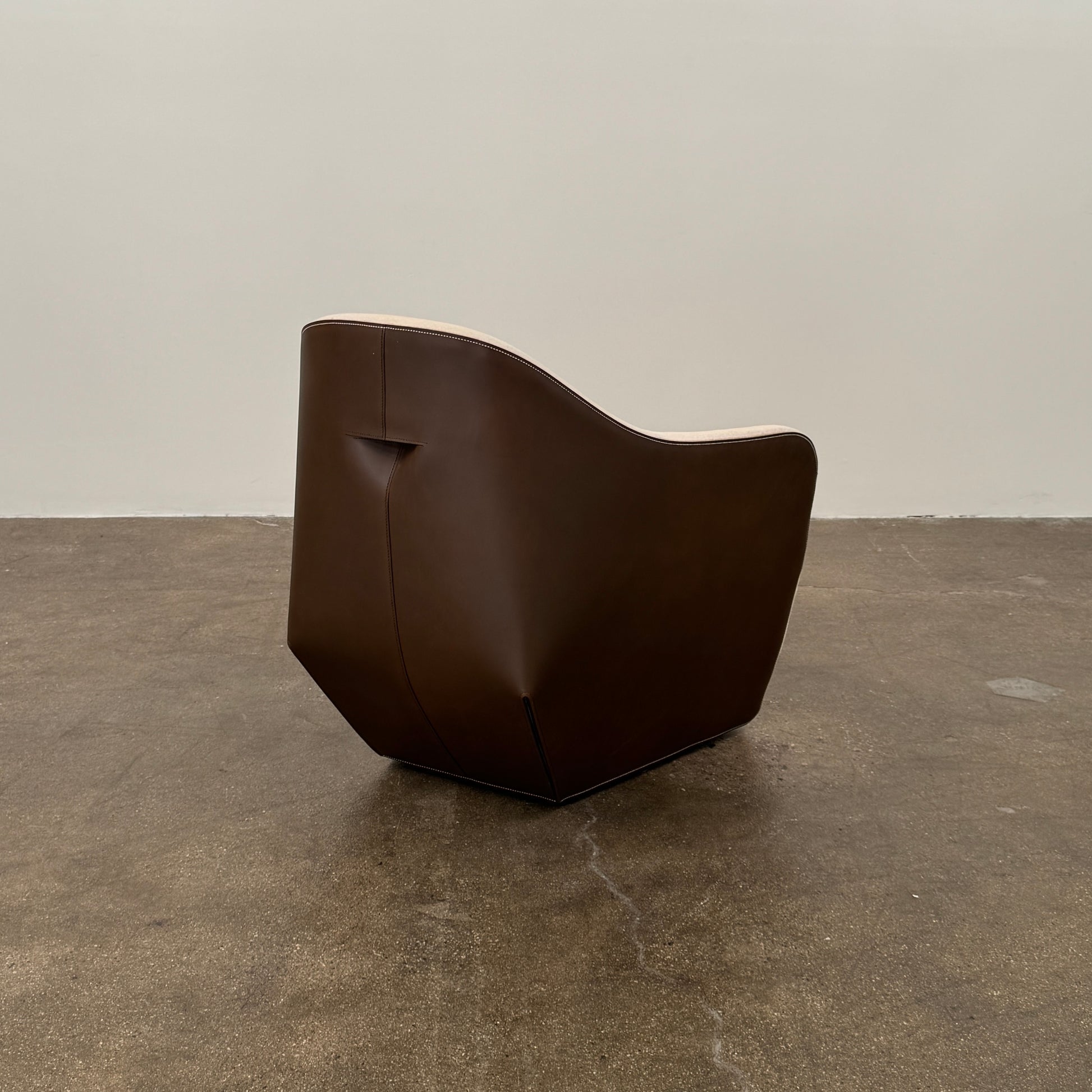 Set of 2 Walter Knoll Isanka Armchairs by Walter Knoll, shown from the back and side on a white background, featuring beige fabric seats and sleek dark brown shells—an elegant seating option.
