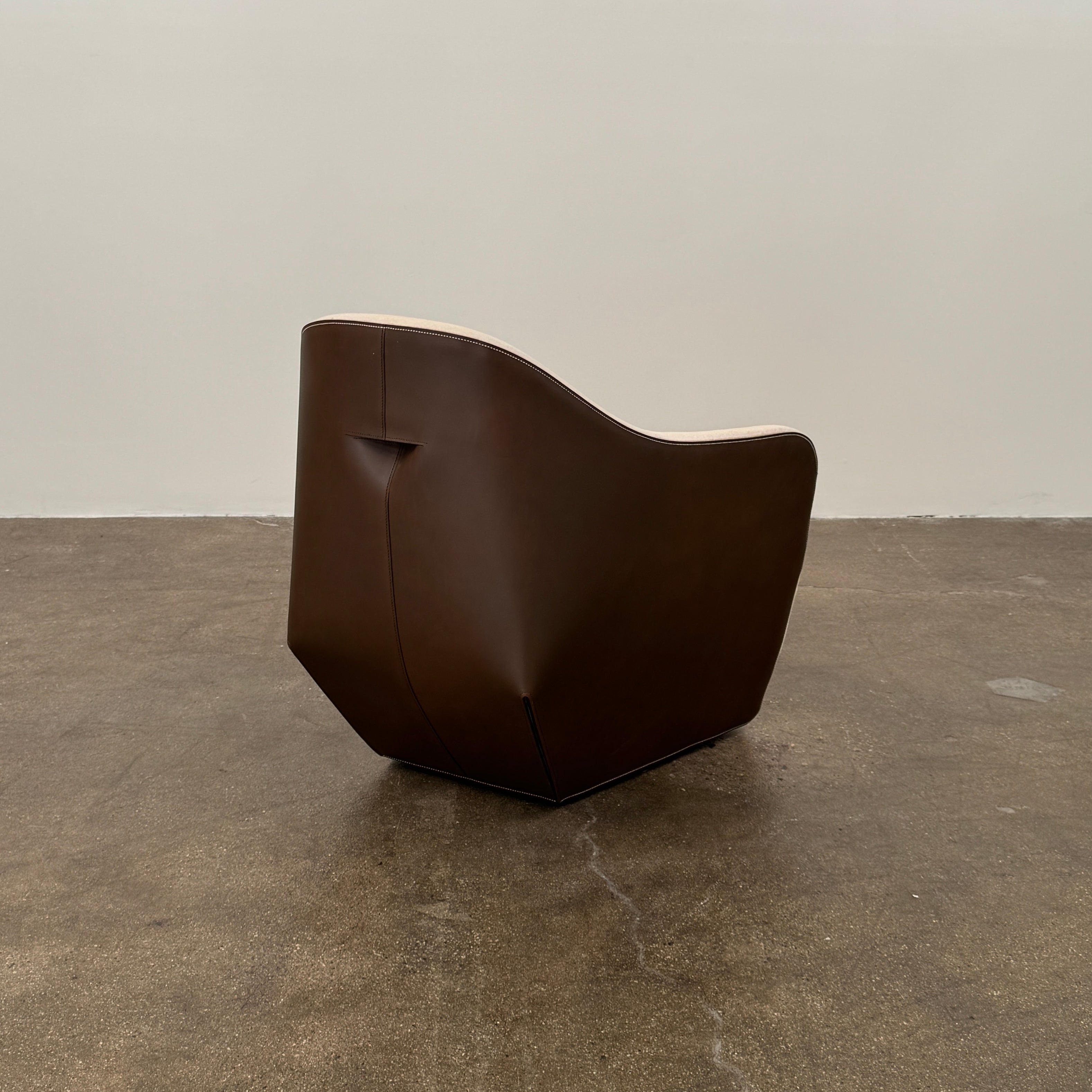 Set of 2 Walter Knoll Isanka Armchairs by Walter Knoll, shown from the back and side on a white background, featuring beige fabric seats and sleek dark brown shells—an elegant seating option.
