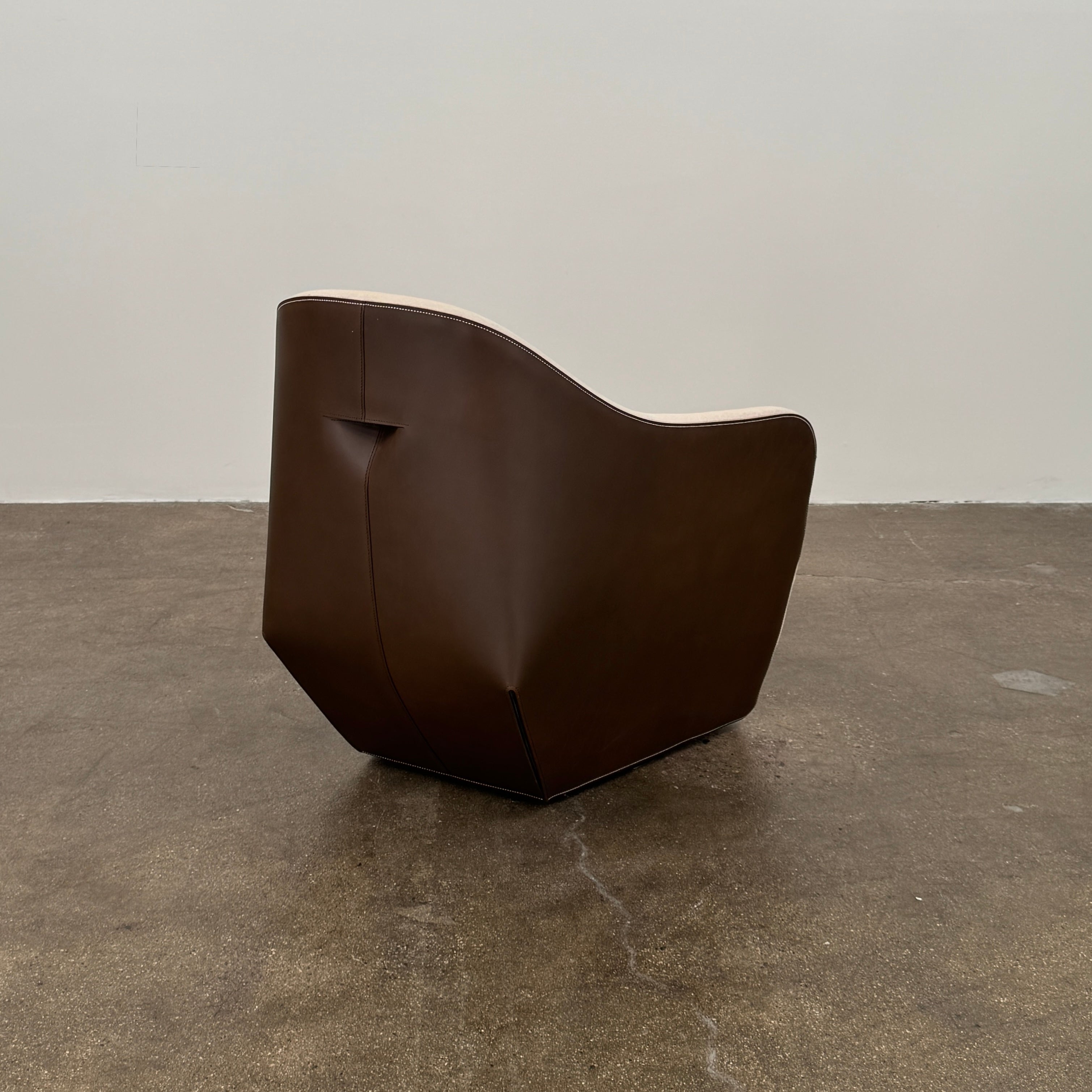 Set of 2 Walter Knoll Isanka Armchairs by Walter Knoll, shown from the back and side on a white background, featuring beige fabric seats and sleek dark brown shells—an elegant seating option.