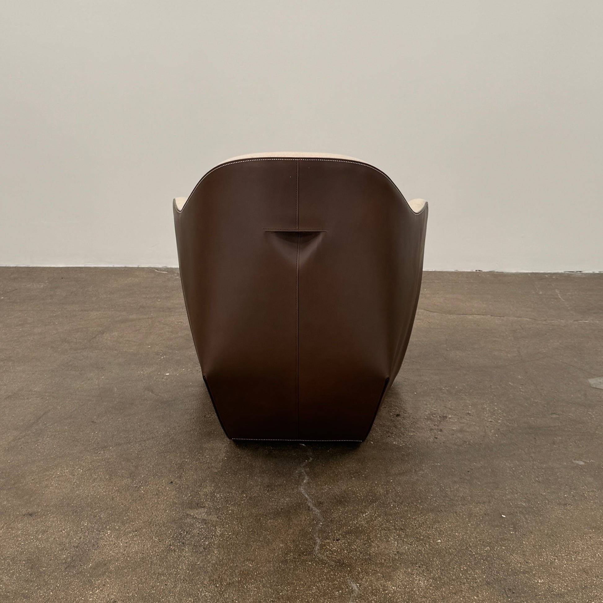 Set of 2 Walter Knoll Isanka Armchairs by Walter Knoll, shown from the back and side on a white background, featuring beige fabric seats and sleek dark brown shells—an elegant seating option.