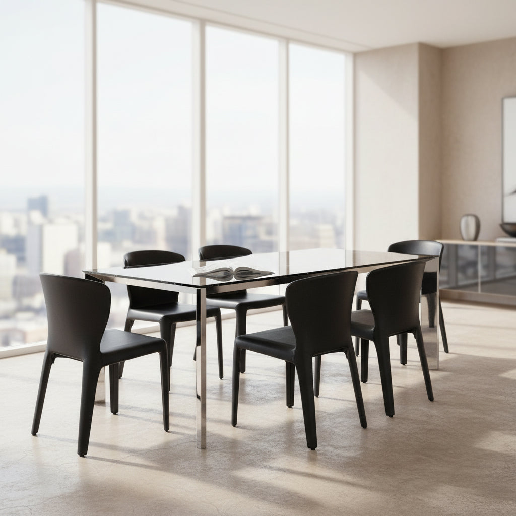 A set of four Cassina Hola Dining Chairs by Cassina, upholstered in black leather, are set in two rows against a plain white background.
