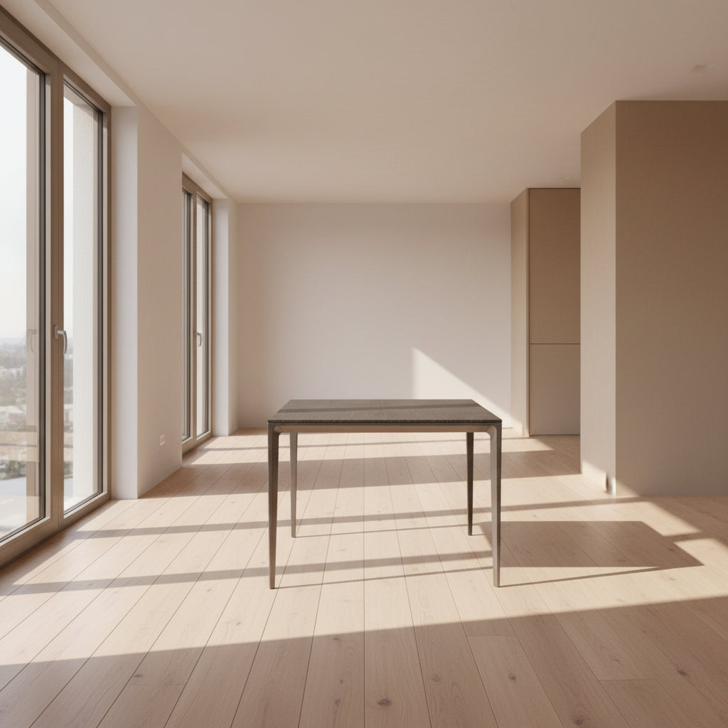The Rimadesio Long Island Table by Rimadesio features a square black oak top with a dark wood finish, four slender legs, and modern Italian design, displayed against a plain white background.