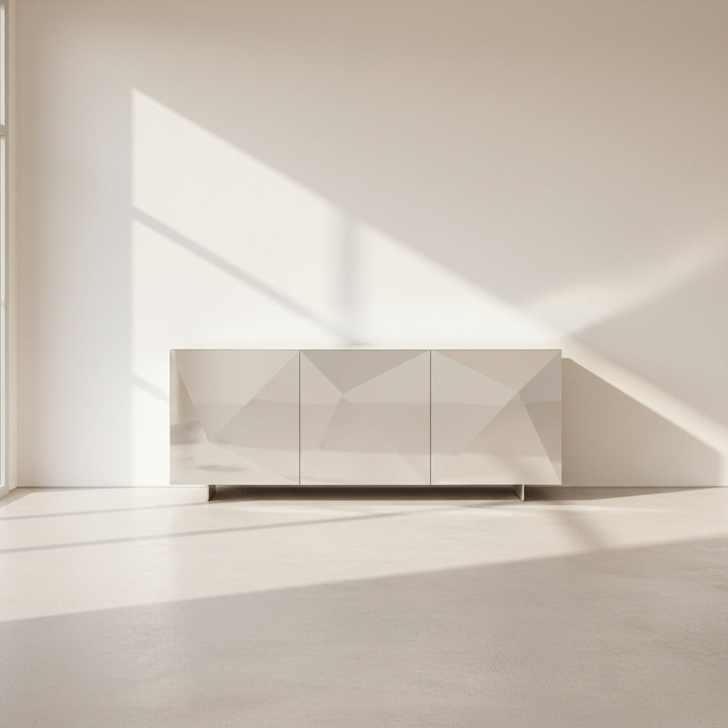 The Riflessi Cubric Sideboard by Riflessi features three mirrored doors and a geometric jagged top edge, shown here against a plain white wall on a concrete floor.