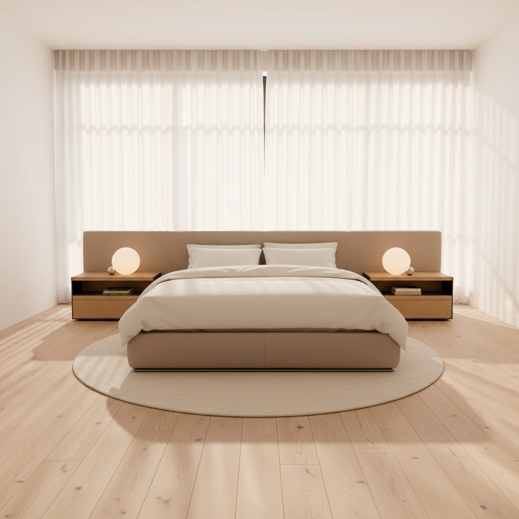 The Flexform Groundpiece Cal King Size Bed by Flexform features a beige upholstered leather frame, wide headboard, and exposed wooden slats, shown against a plain white background.