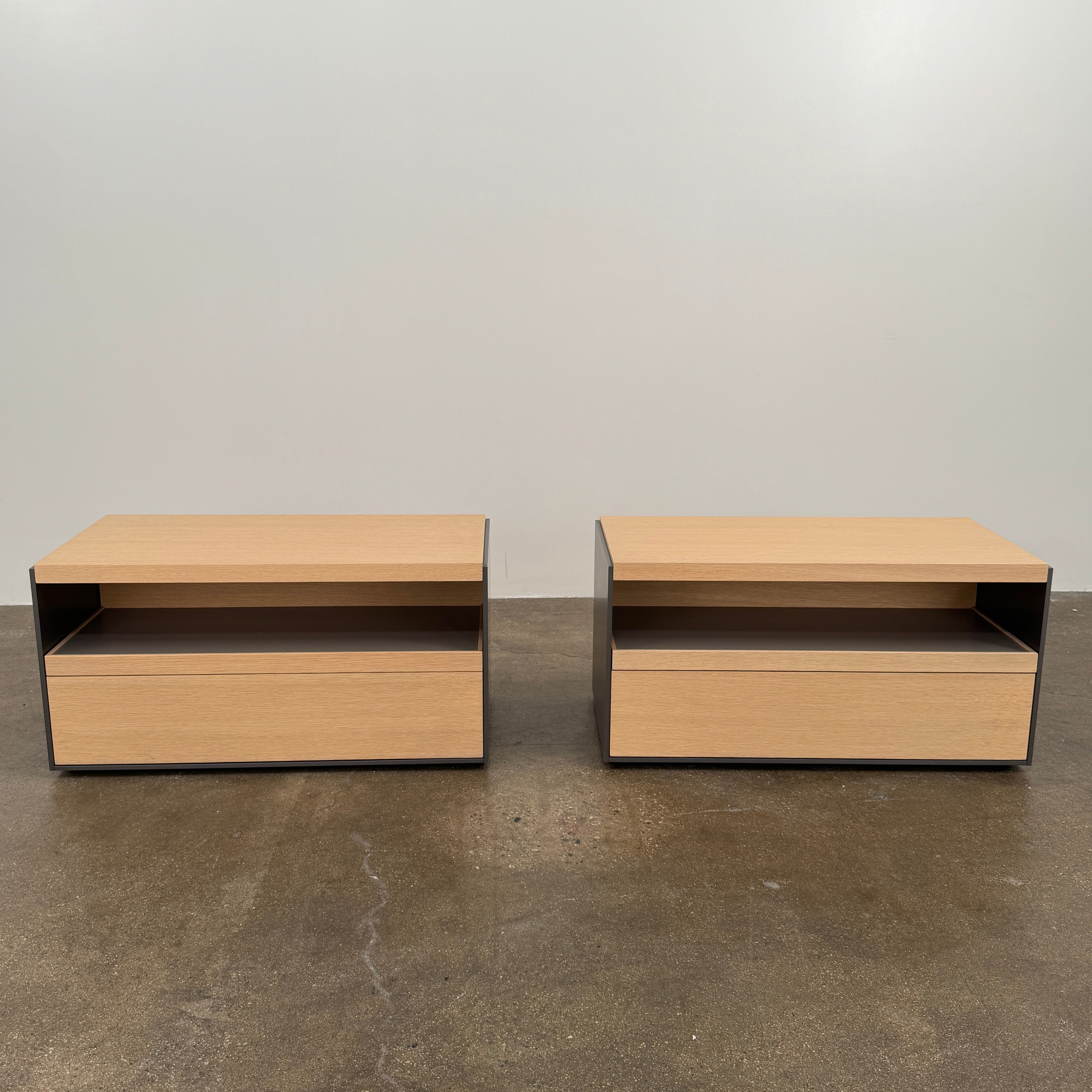 Set of 2 B&B Italia Surface Chest of Drawers with pull-out shelves, featuring light wood tops, open shelves, and lower drawers, displayed against a plain white background.