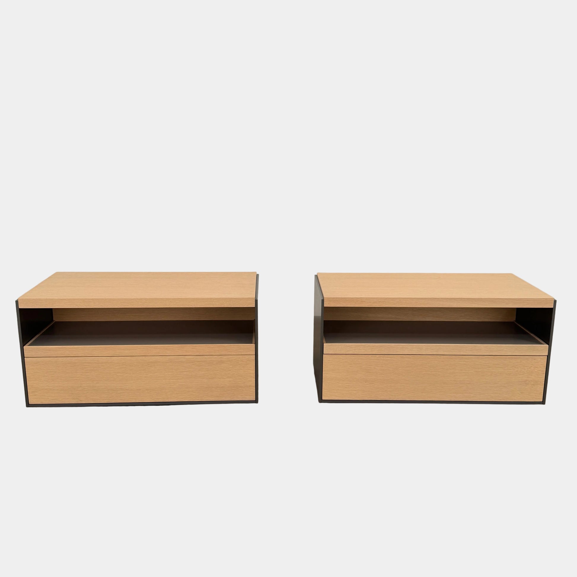 Set of 2 B&B Italia Surface Chest of Drawers with pull-out shelves, featuring light wood tops, open shelves, and lower drawers, displayed against a plain white background.