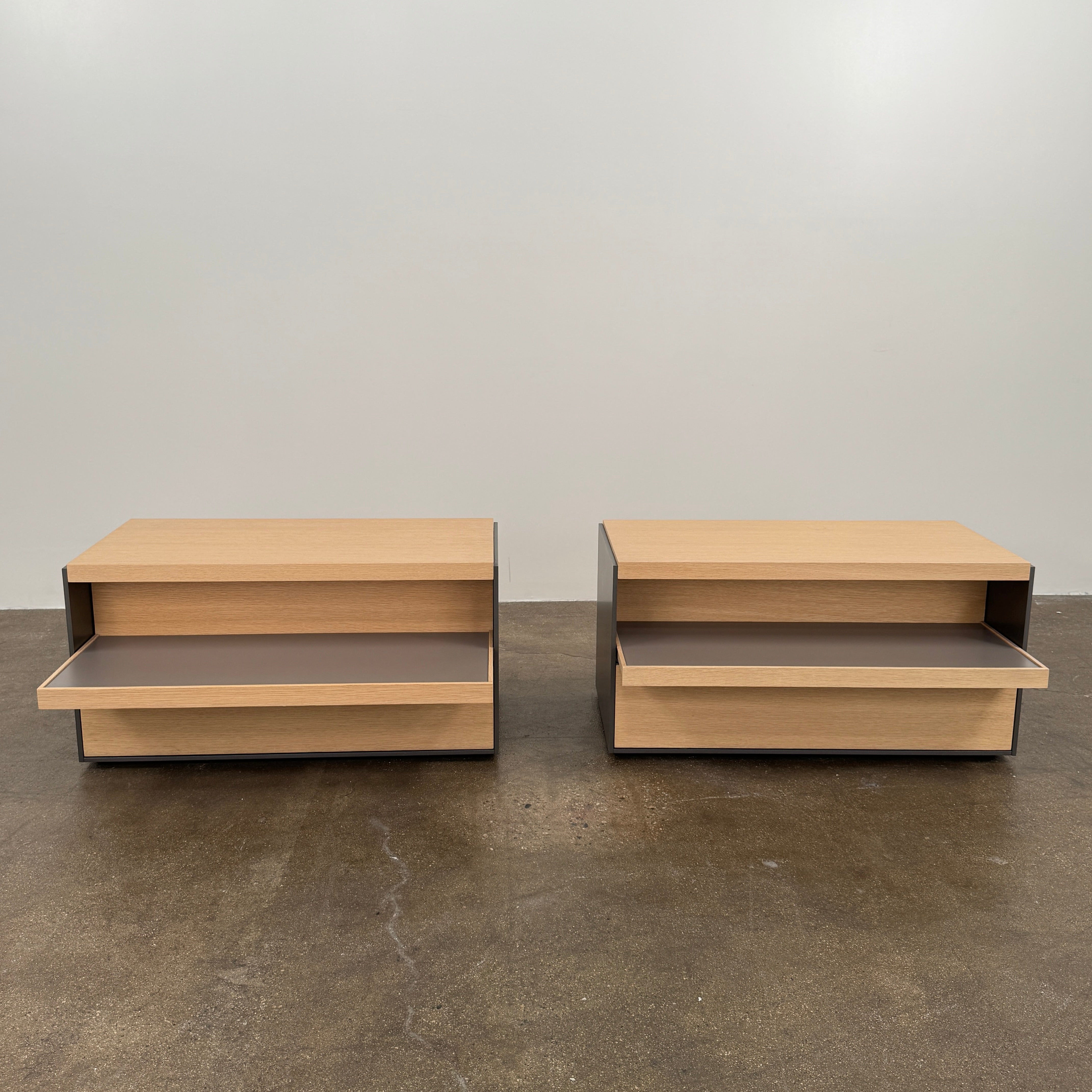 Set of 2 B&B Italia Surface Chest of Drawers with pull-out shelves, featuring light wood tops, open shelves, and lower drawers, displayed against a plain white background.