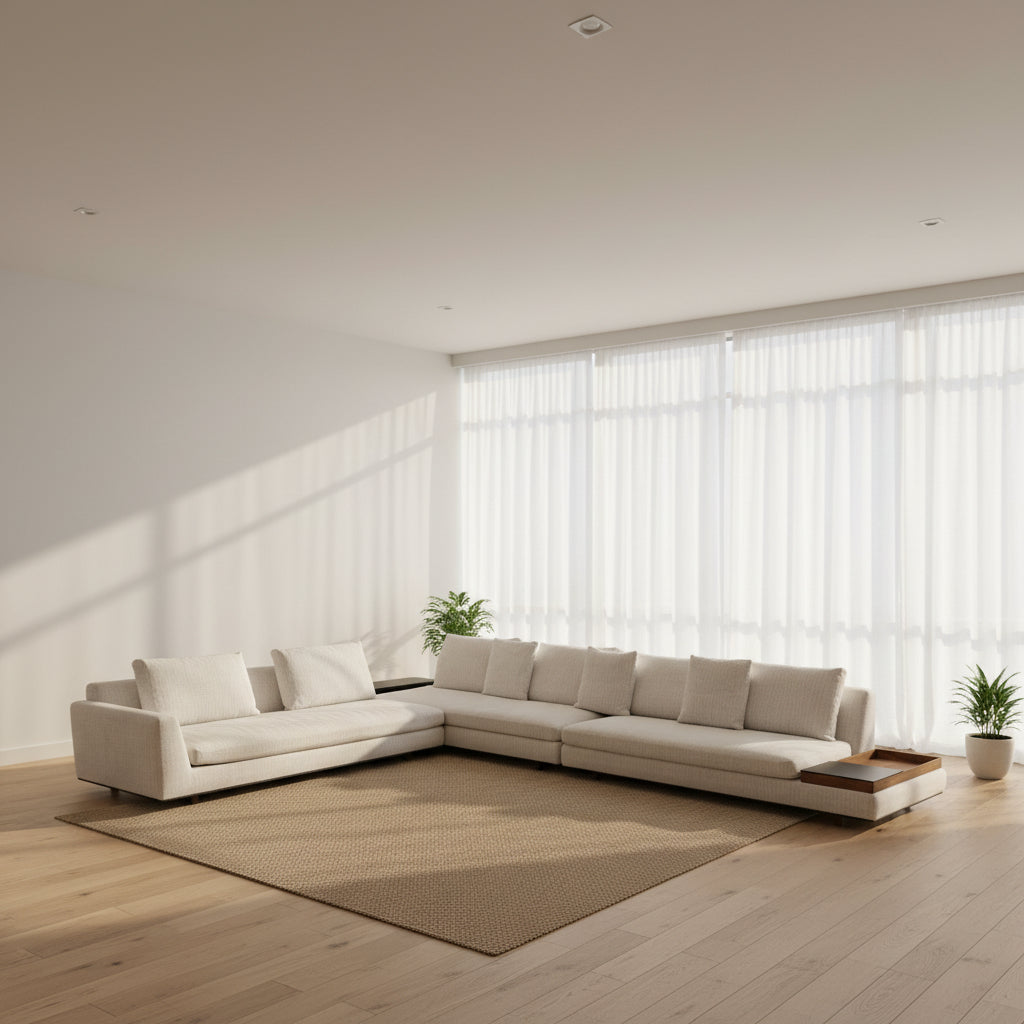 The Walter Knoll Tama Living Modular Sofa, upholstered in light gray luxury fabric with a chaise lounge and an integrated wooden side table, stands on a bare concrete floor against a plain white wall.