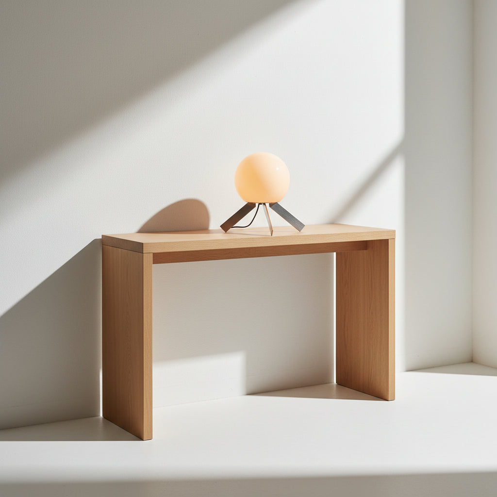 The Michael Anastassiades To The Top Table Lamp features a spherical white opaline glass shade and sits on three gold angled legs, designed by Michael Anastassiades, set against a plain light background.