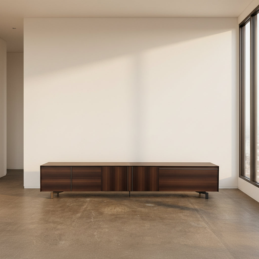 The Molteni & C Pass-word Console by Molteni & C is a modern, low-profile Eucalyptus wood sideboard with two drawers, cabinets on each side, and black metal legs, shown against a plain white background.