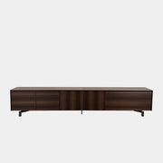 The Molteni & C Pass-word Console by Molteni & C is a modern, low-profile Eucalyptus wood sideboard with two drawers, cabinets on each side, and black metal legs, shown against a plain white background.