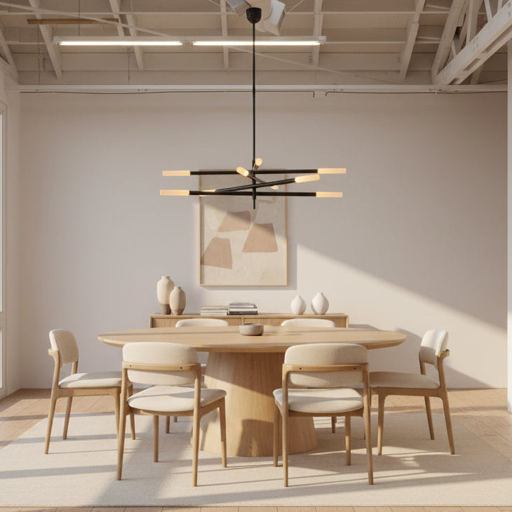 The Visual Comfort Signature Rousseau Grande Ten Light Articulating Chandelier features a modern black design with ten horizontal arms, each ending in a yellow-toned rectangular light, suspended from a central black rod against a white background.