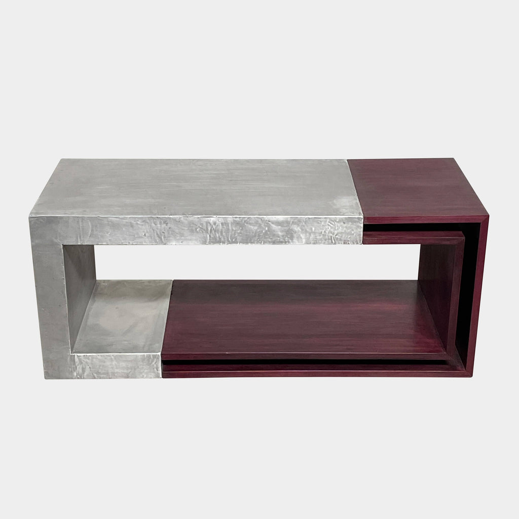 A Metal & Cherry Wood Sculptural Coffee Table with a metal frame and a burgundy color, crafted with European origins.