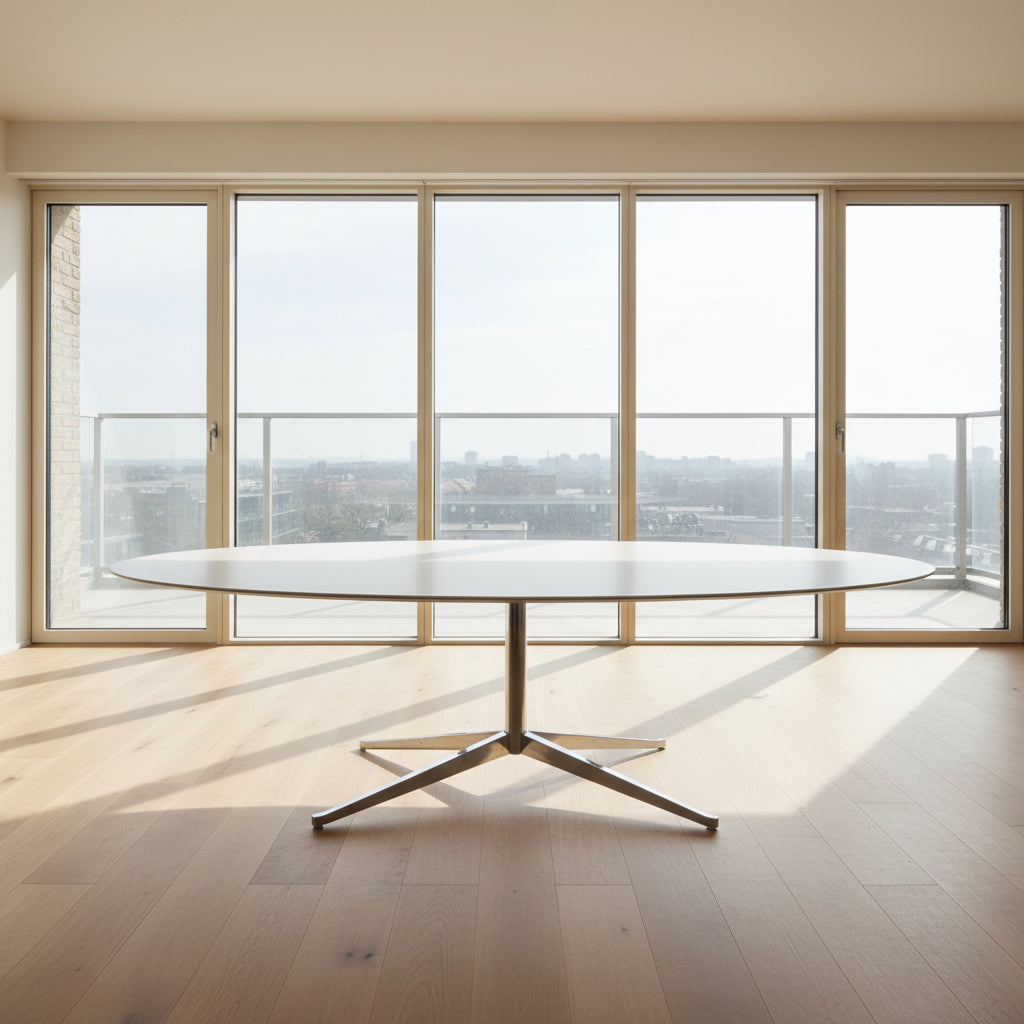 Florence Knoll’s DWR Florence Knoll Oval White Statuarietto Marble "Table Desk" features a slim marble top and black four-legged base, inspired by the iconic design, displayed against a plain white background.