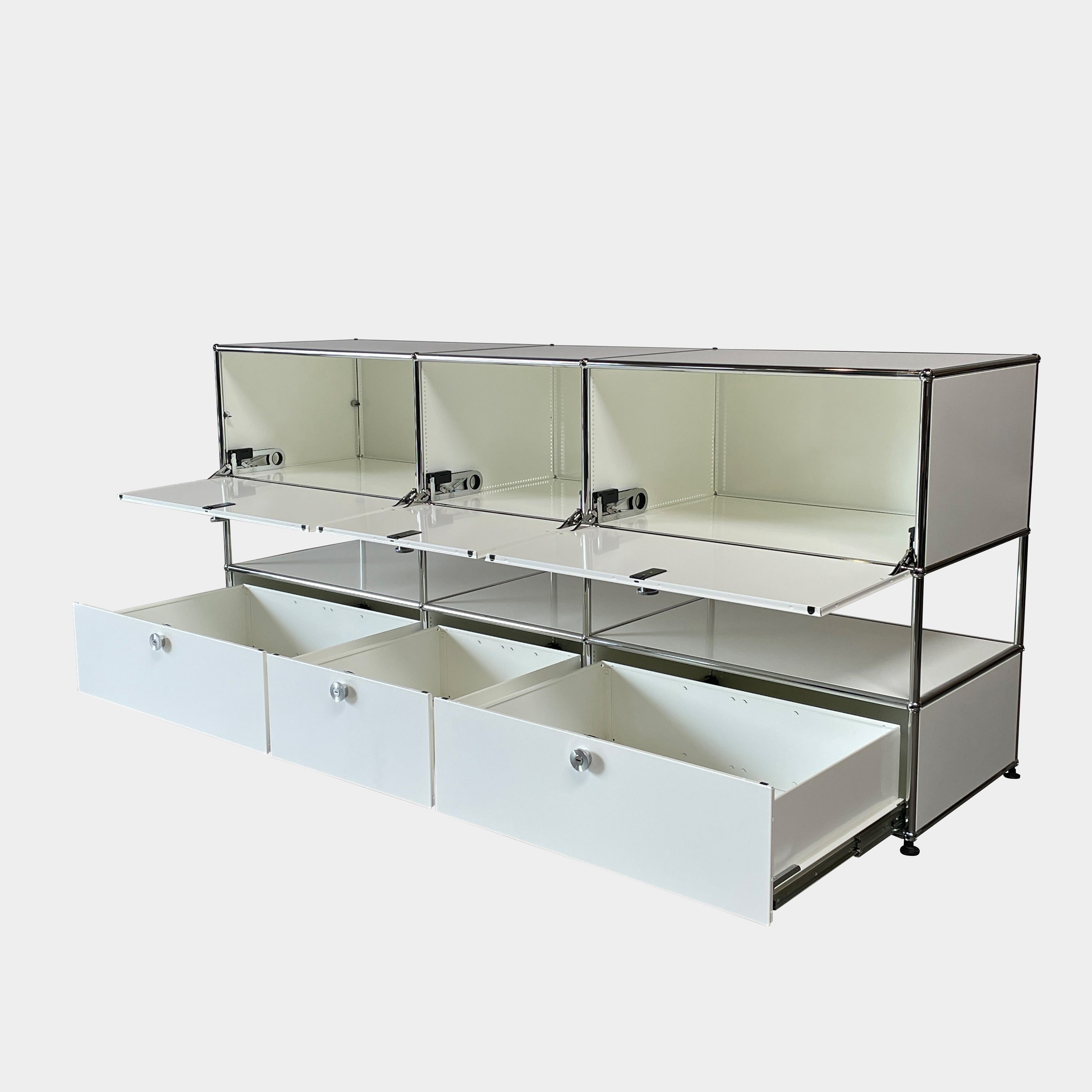 A USM Haller White Cabinet / Console with six compartments, featuring a minimalist design and a chromed steel frame, reminiscent of the USM Haller Office Cabinet.