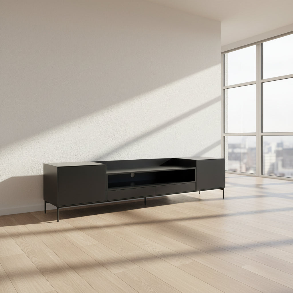 The Treku Lauki Media Unit by Treku features a black minimalist design with two closed side cabinets, two central drawers, an open shelf, and built-in cord management on slim metal legs—perfect for modern spaces.