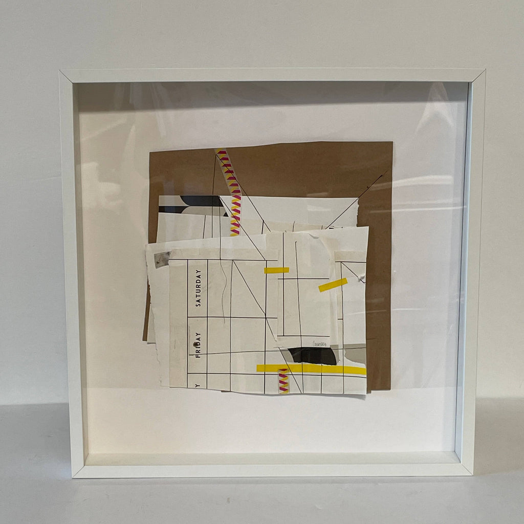 A Collage: Untitled 12 piece of paper is framed in a white Allison Caesar frame.