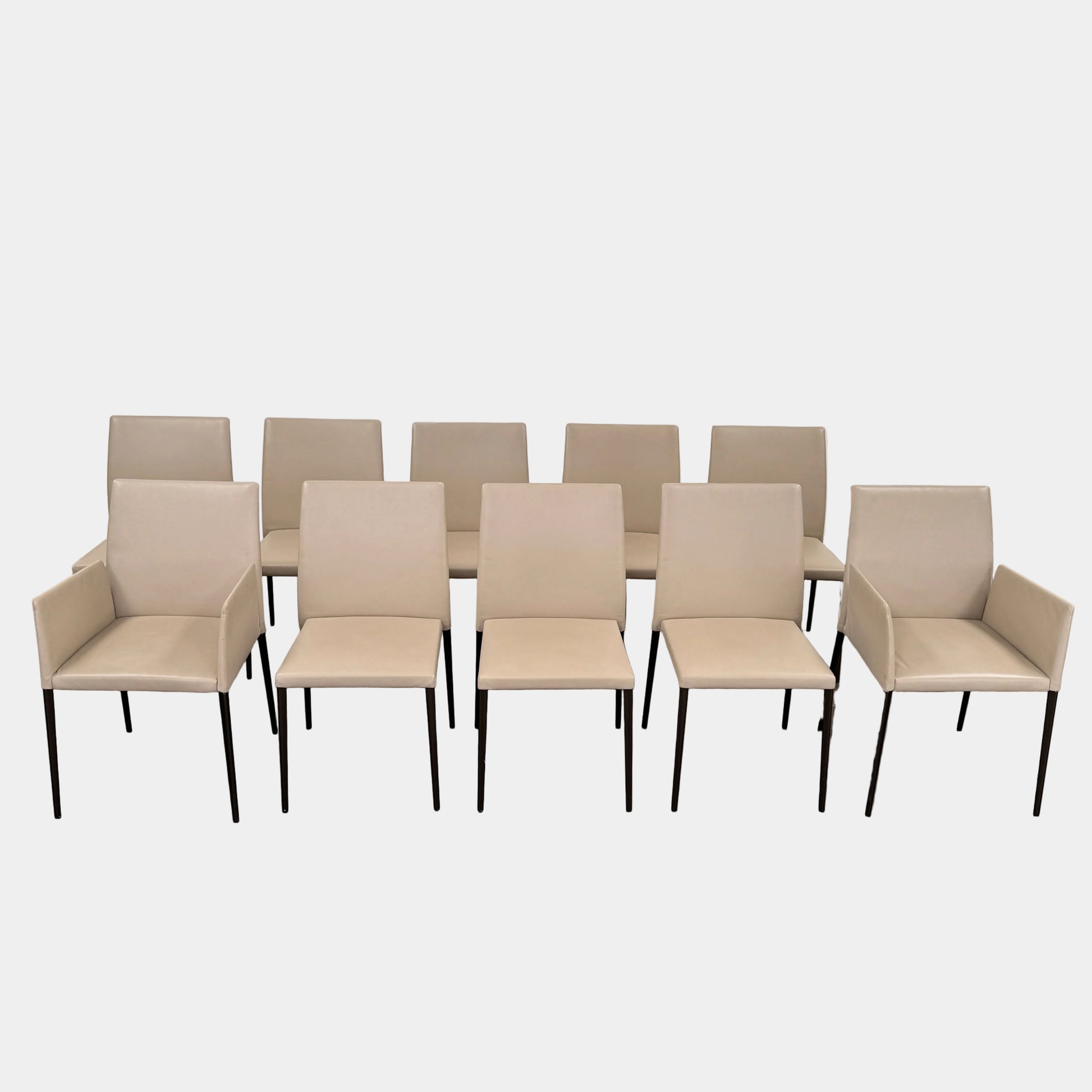 A set of Walter Knoll Deen Dining Chairs (2 armchairs, 8 side chairs) by Walter Knoll with beige upholstery and black legs are arranged in three rows on a brown concrete floor against a plain white wall.