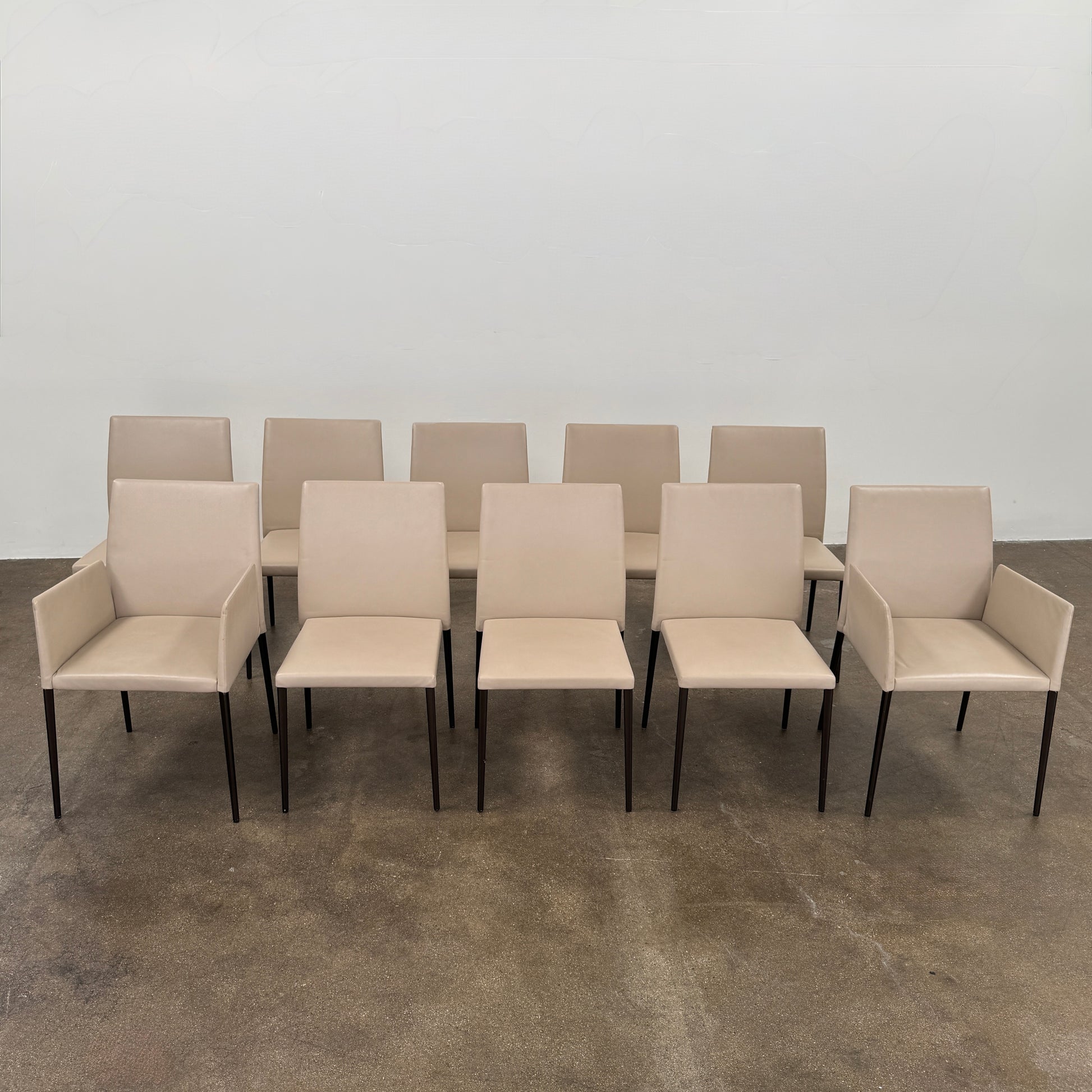 A set of Walter Knoll Deen Dining Chairs (2 armchairs, 8 side chairs) by Walter Knoll with beige upholstery and black legs are arranged in three rows on a brown concrete floor against a plain white wall.