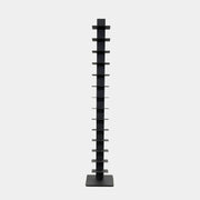 The DWR Story Bookcase by DWR is a tall, black, vertical metal bookcase with evenly spaced shelves and a square base—ideal for small-room storage and shown against a plain light background.