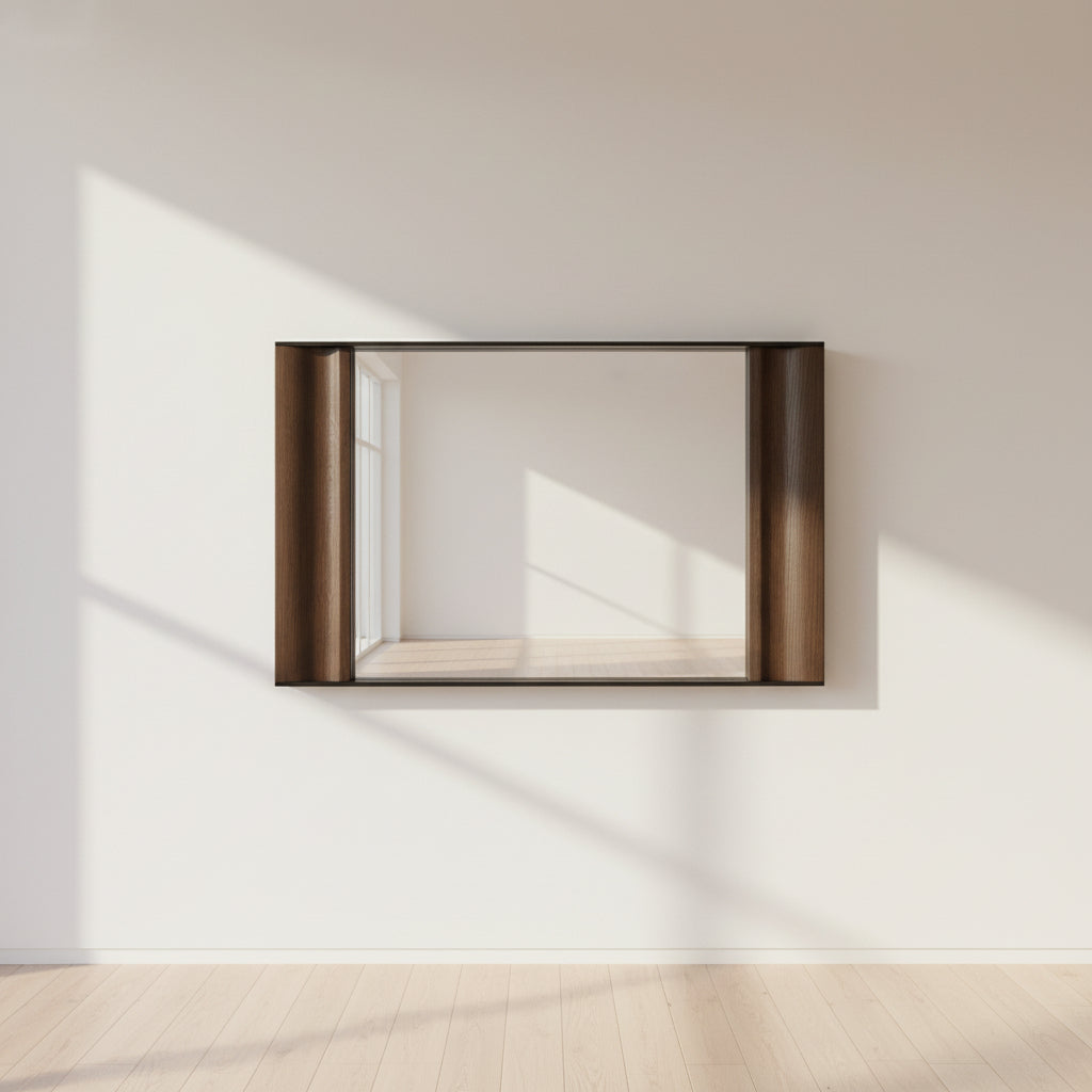 The Holly Hunt Cinema Mirror by Holly Hunt features a rectangular wooden frame, reflecting a grid window, pendant light, and interior, with a luxurious style true to its name.