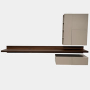 The Molteni & C Fortepiano Wall-mounted Desk System features a long wooden shelf, beige storage cabinets, and drawers for a sleek, modern look against a white wall.
