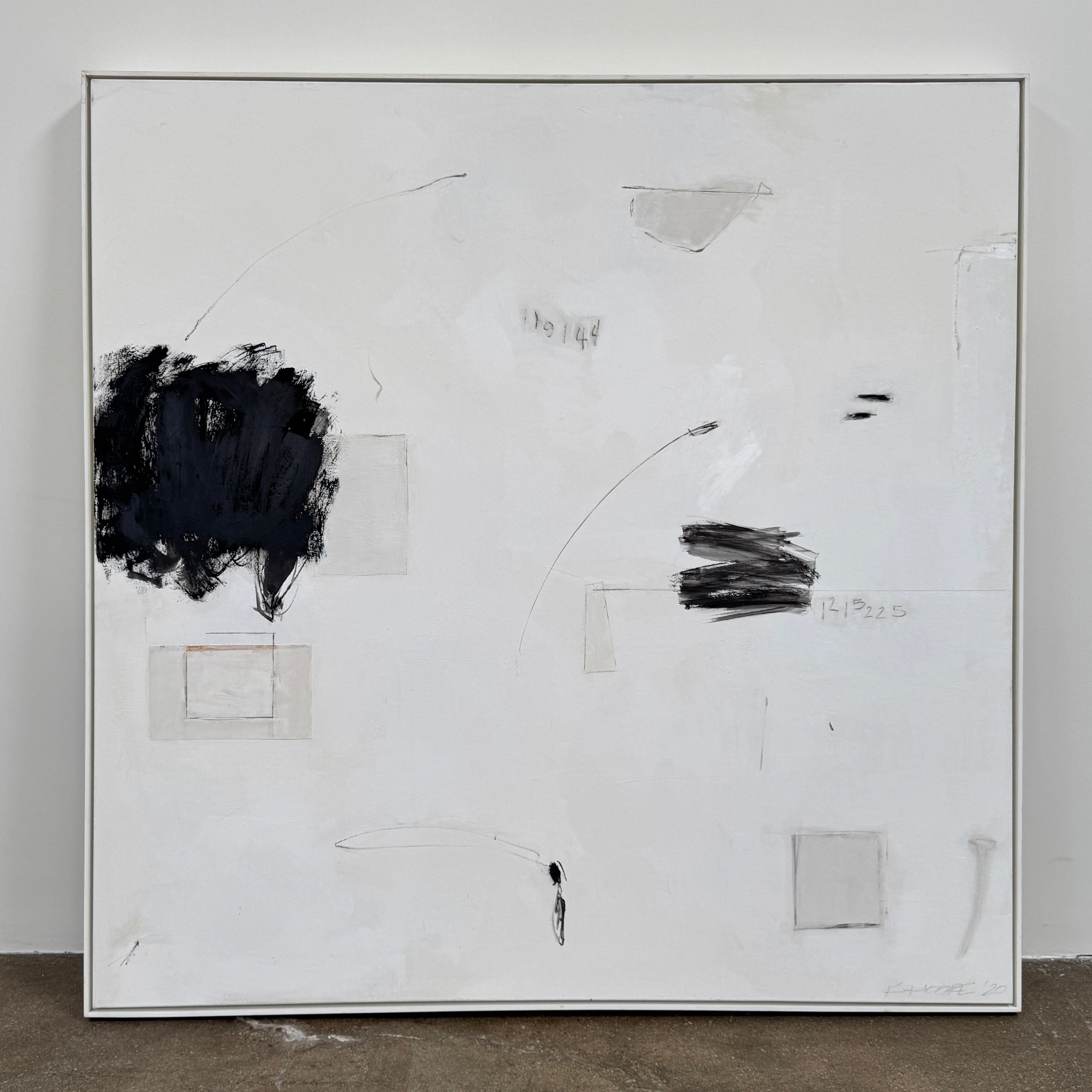 Painting: Abstract by Kimberly Moore from Artist features bold black brush strokes, faint geometric shapes, and subtle lines in black and white, leaning against a white wall on a concrete floor.
