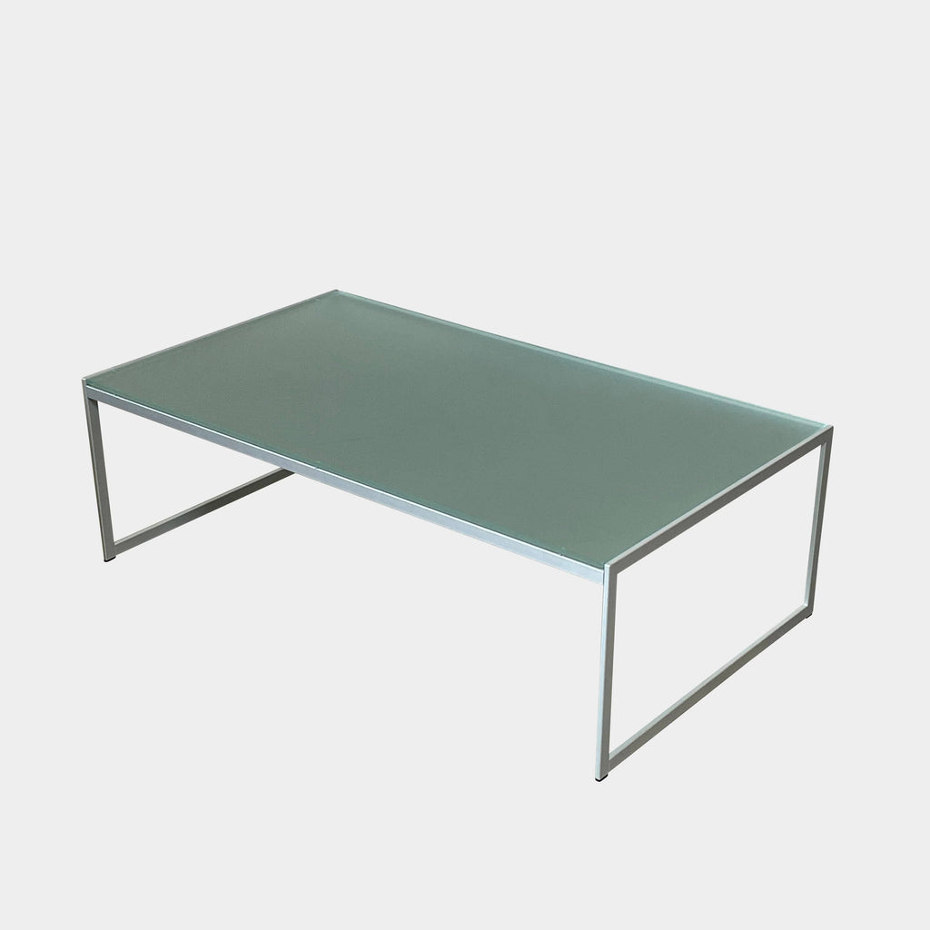 An Italian Vintage Frosted Glass Coffee Table with metal legs on a white background.