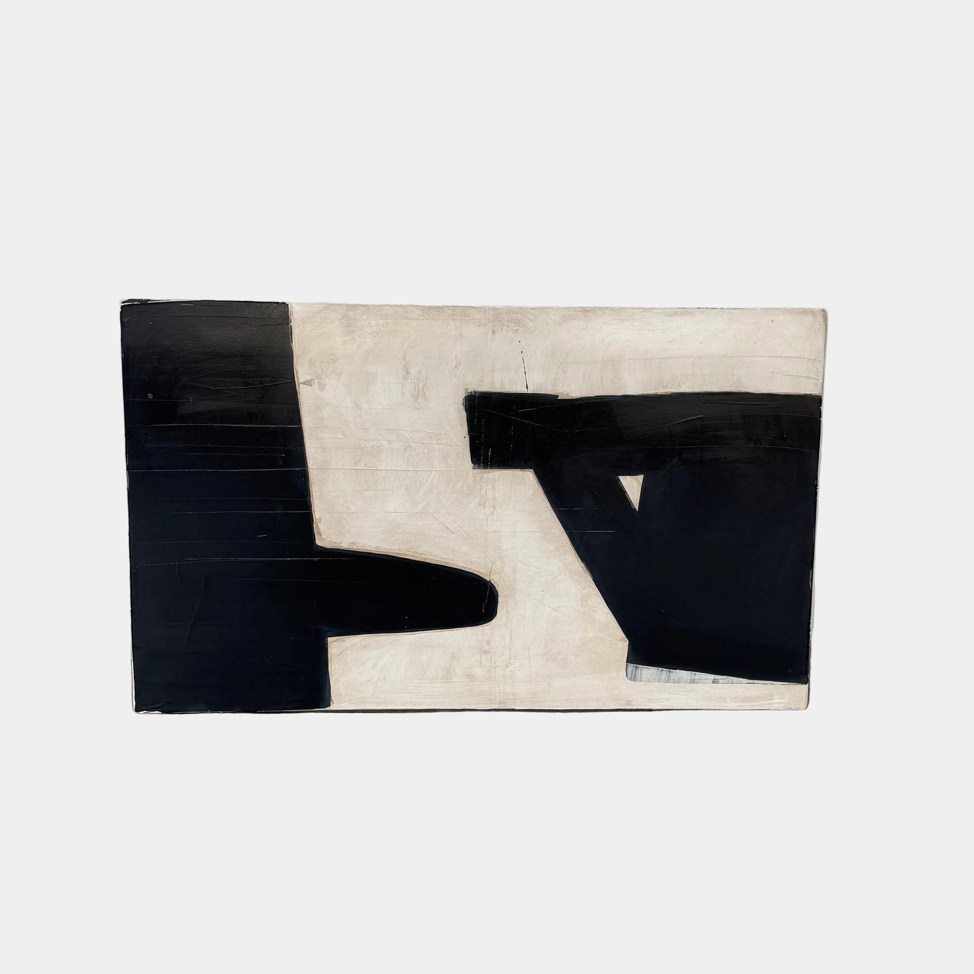 Painting: Untitled by Scott Kerr from Artist is a contemporary mixed media piece with bold black geometric shapes and sharp angles on a textured off-white background, creating striking contrast and modern appeal.