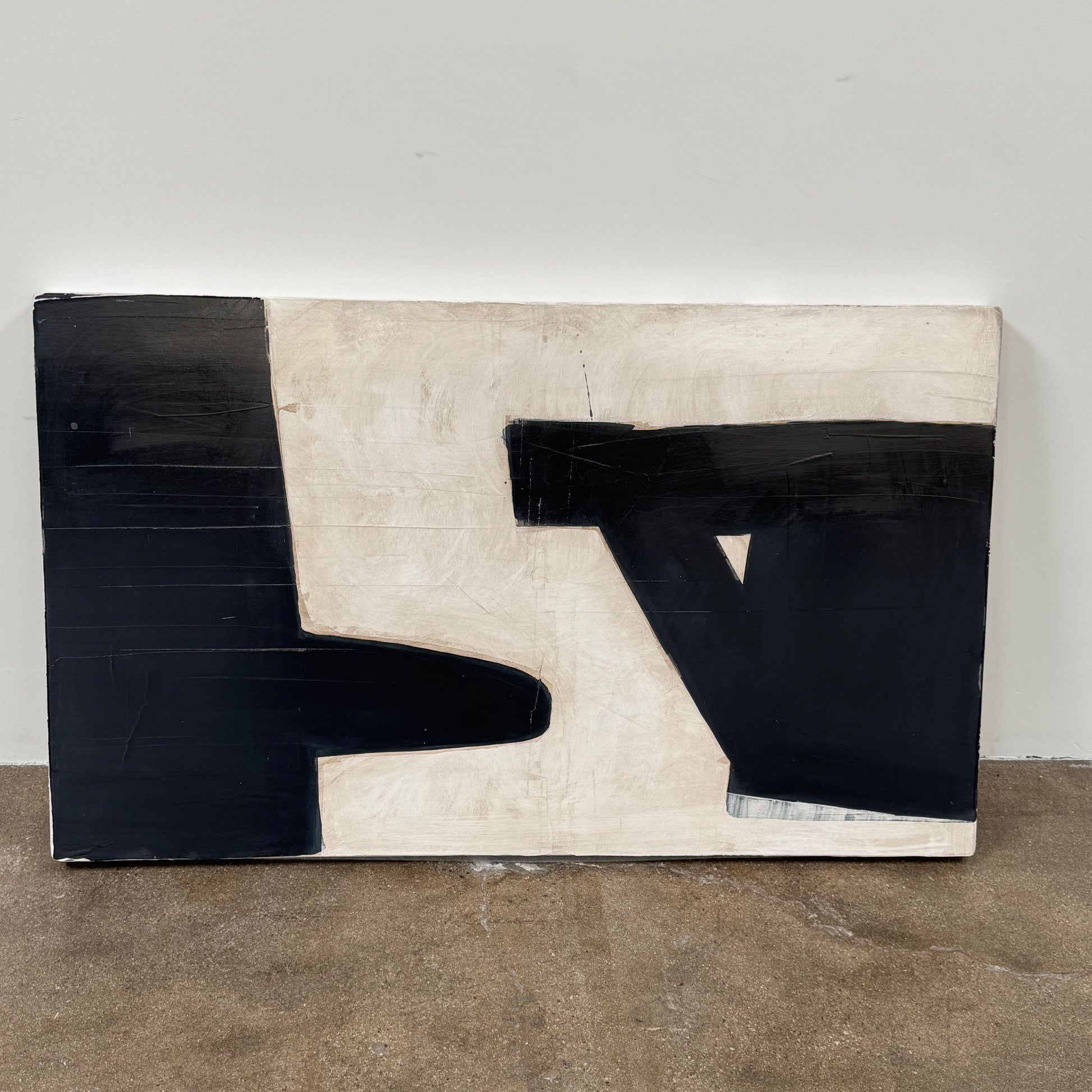 Painting: Untitled by Scott Kerr from Artist is a contemporary mixed media piece with bold black geometric shapes and sharp angles on a textured off-white background, creating striking contrast and modern appeal.
