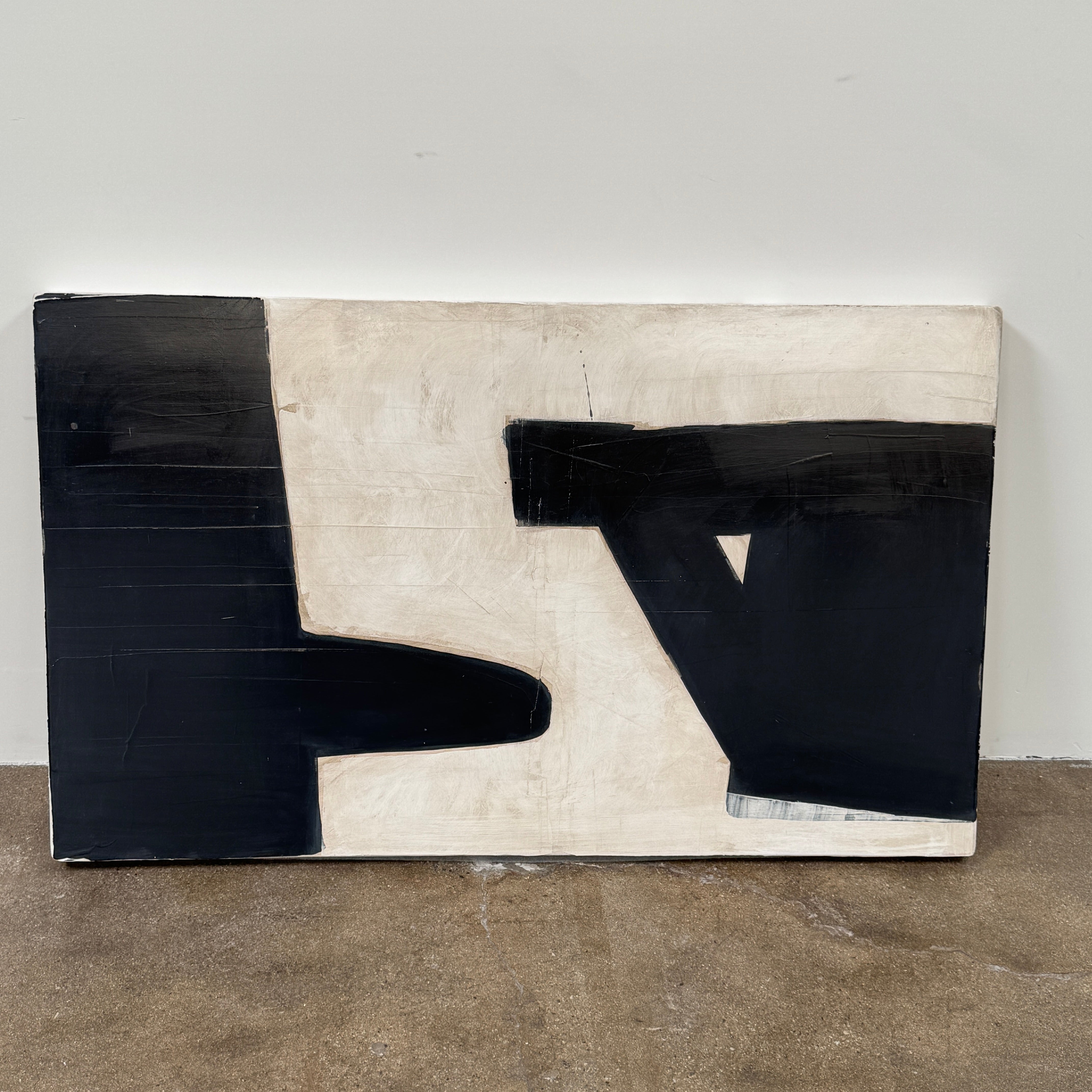 Painting: Untitled by Scott Kerr from Artist is a contemporary mixed media piece with bold black geometric shapes and sharp angles on a textured off-white background, creating striking contrast and modern appeal.