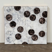 Painting: Circles by Ron Piler from Artist features overlapping black and white abstract forms on a textured white background—perfect for display against a wall, reminiscent of modern gallery pieces.
