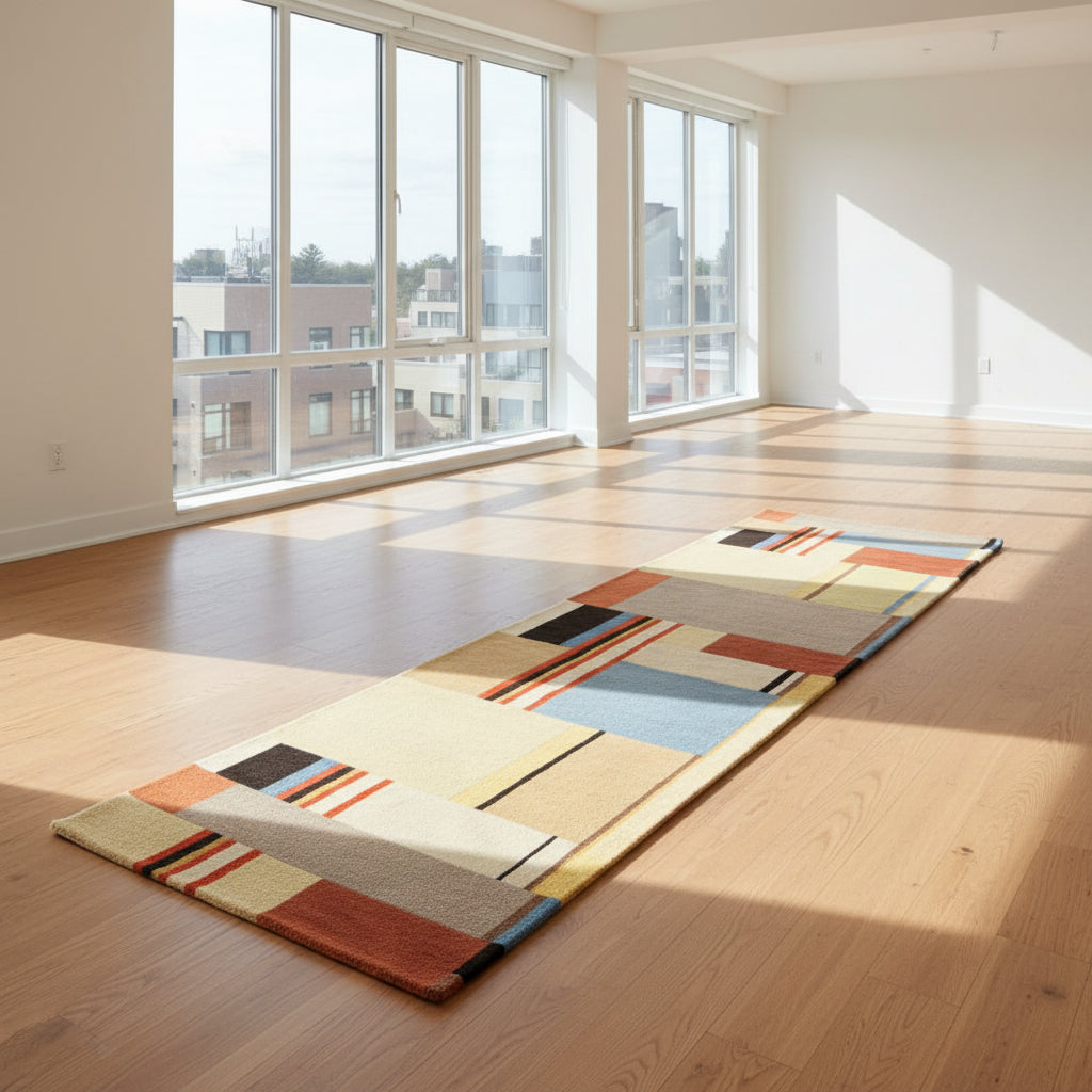The DWR Christopher Farr Stolz 120 Multi Runner—a rectangular rug featuring a geometric pattern in beige, blue, orange, red, and brown—rests on a concrete floor against a plain white wall, evoking Gunta Stölzl’s distinctive Bauhaus-inspired aesthetic.
