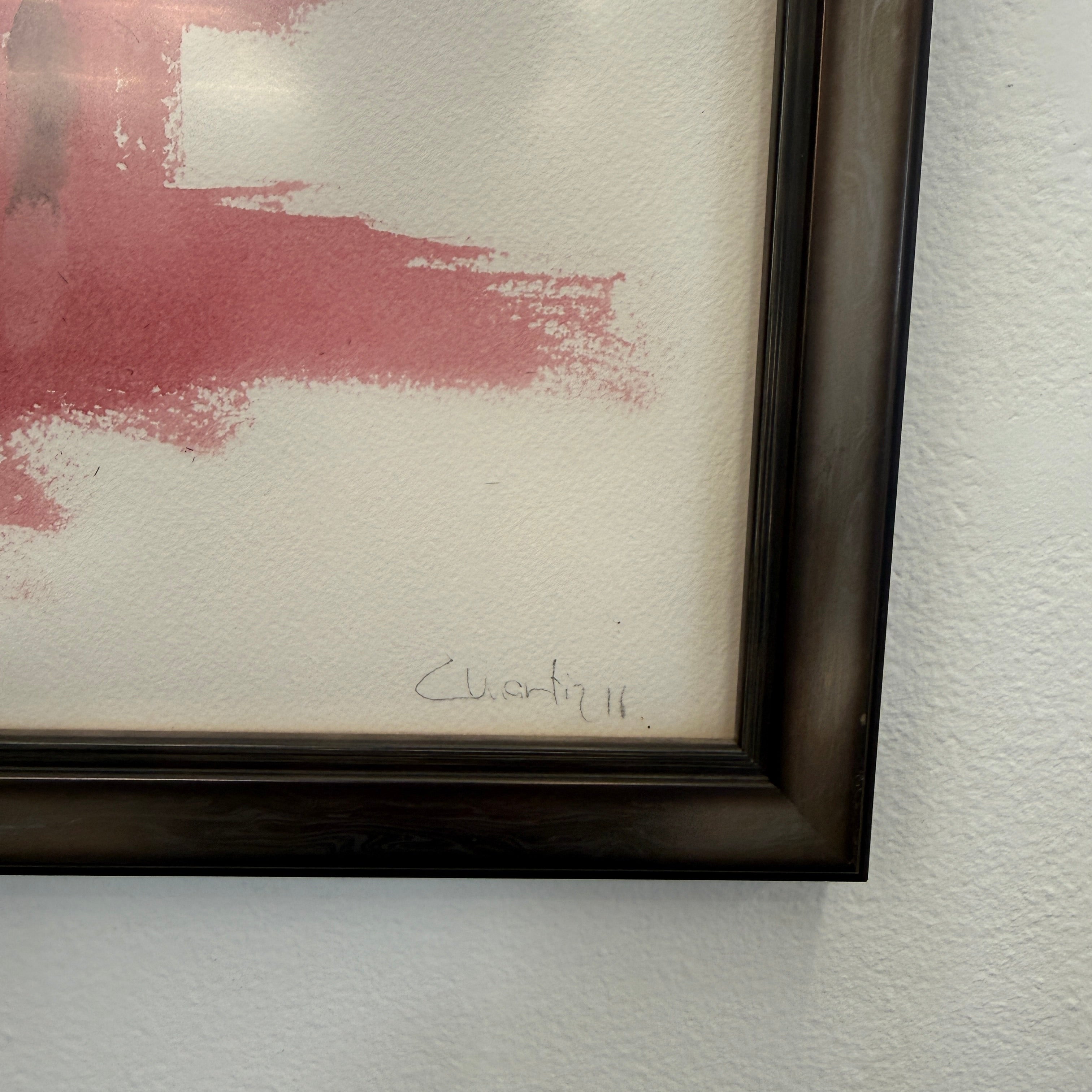 Framed Watercolor: Carlos Martin "Society 3" by Artist displays a person in a suit falling backward against a vivid red and white abstract background.