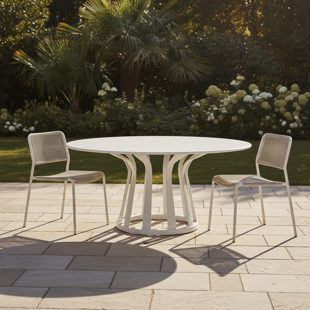 The Cassina Lebeau white outdoor dining table by Modern Resale features a solid round top and an open geometric base, shown on a plain concrete floor against a white wall.