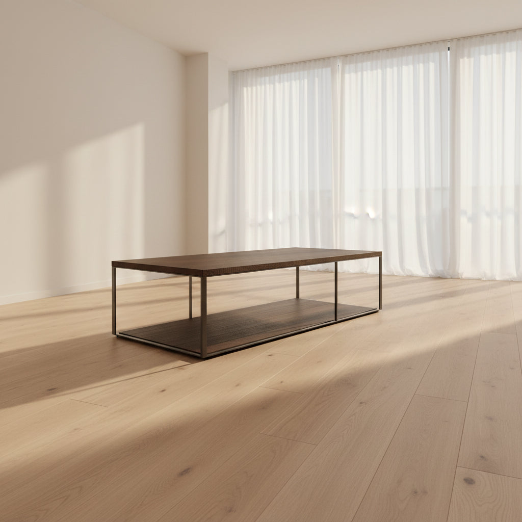 The Maxalto Lithos Coffee Table by Maxalto features a rectangular dark wood top and lower shelf, supported by a minimalist black metal frame, and is displayed against a plain white background.